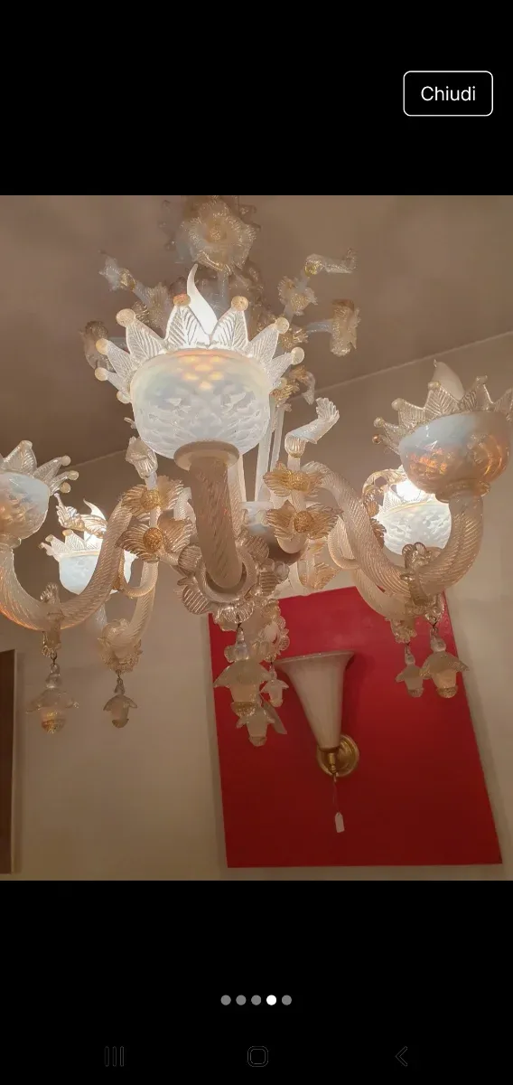 Lampadario Murano 6 luci opalino oro