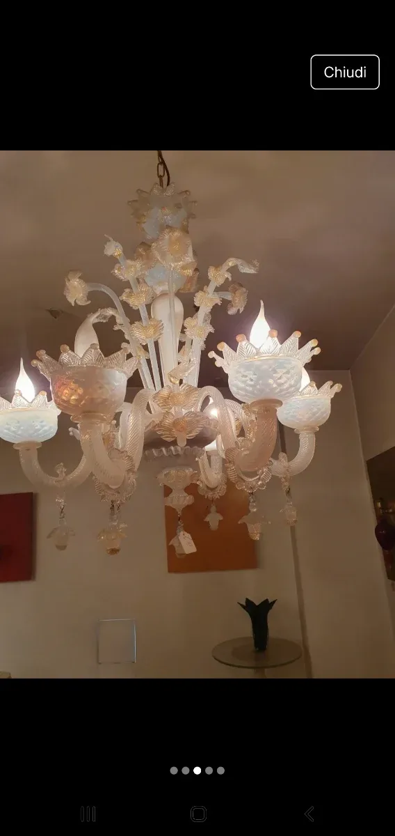 Lampadario Murano 6 luci opalino oro
