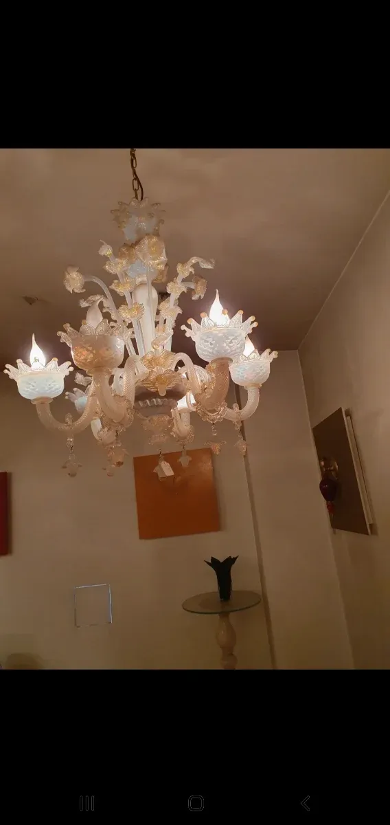 Lampadario Murano 6 luci opalino oro