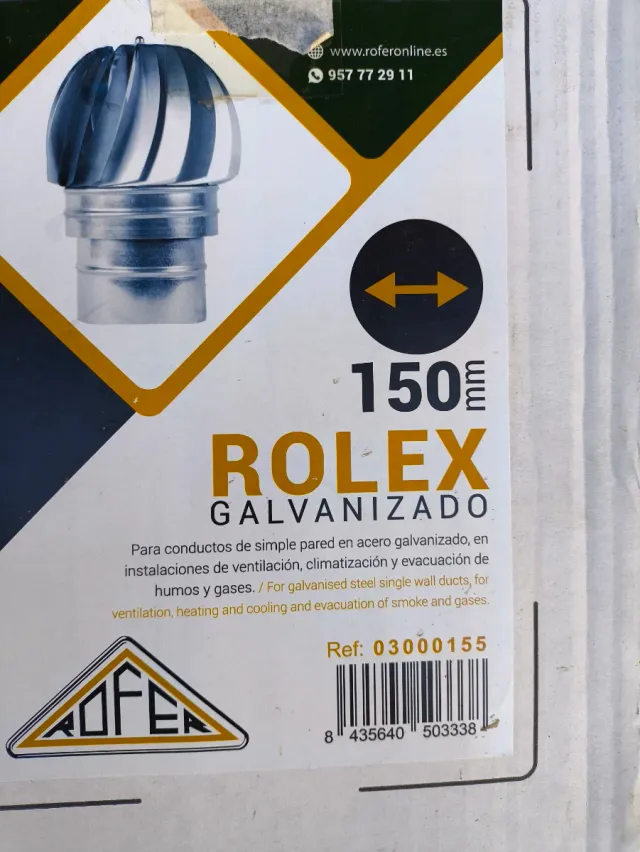 Sombrerete Extractor Humo ROLEX 150mm Acero Galvan