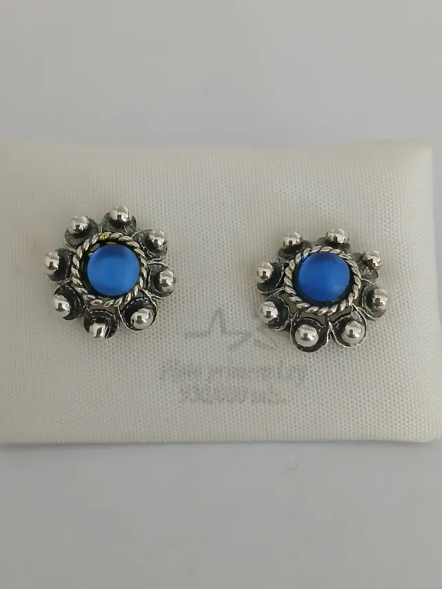 Pendientes Plata Ley Botón Charro Azul