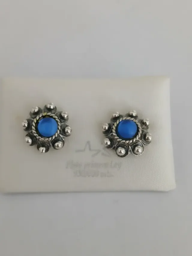 Pendientes Plata Ley Botón Charro Azul
