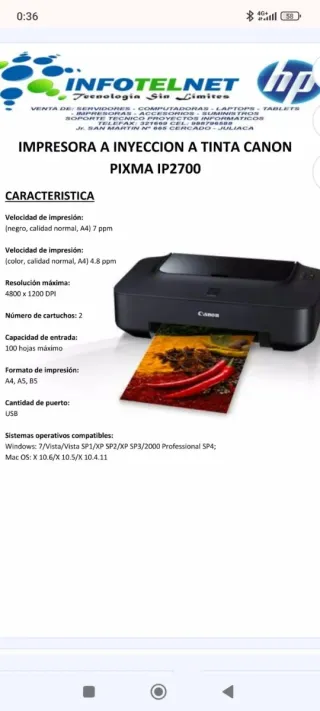 1 unidad, Impresora Canon Negra. Modelo Pixma