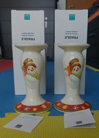 2 Candelieri Thun Natale Pupazzo Neve Ceramica