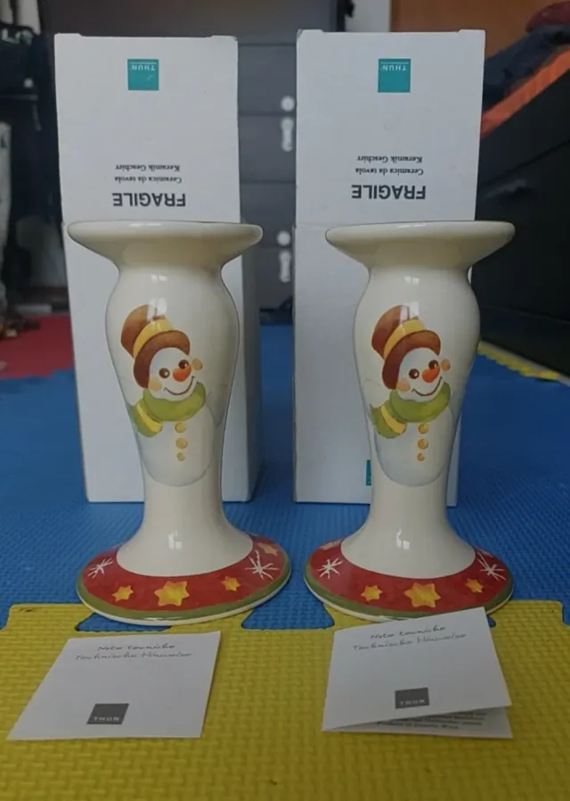 2 Candelieri Thun Natale Pupazzo Neve Ceramica