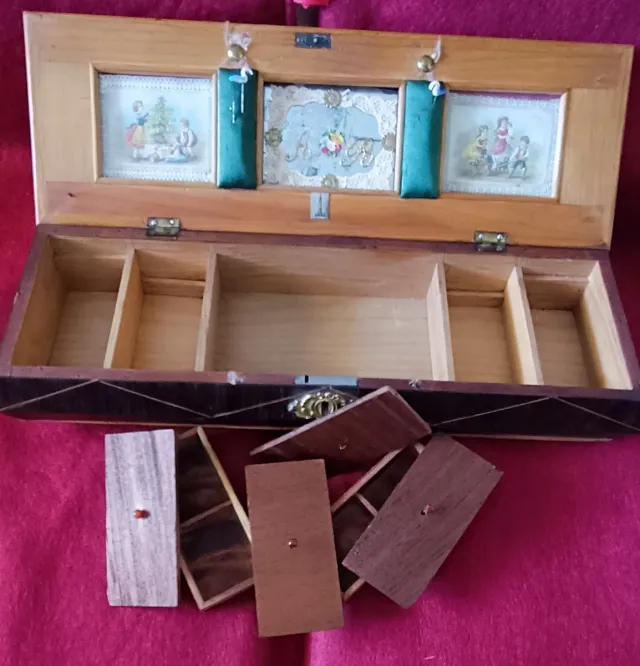 Caja de costura madera compartimentos 1930s