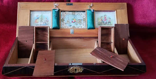 Caja de costura madera compartimentos 1930s