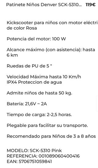 Patinete Eléctrico Infantil Rosa