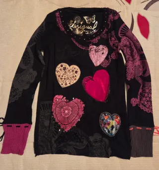 Jersey Desigual Corazones Negro Rosa