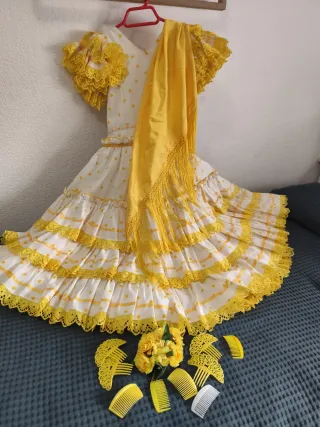 Vestido Flamenca Niña Blanco y Amarillo
