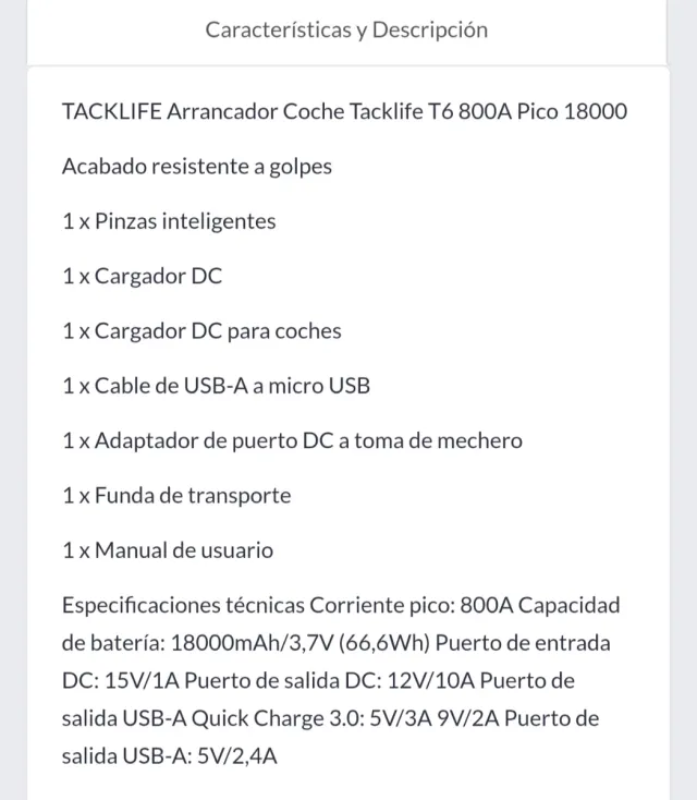 Arrancador de Coche TACKLIFE T6