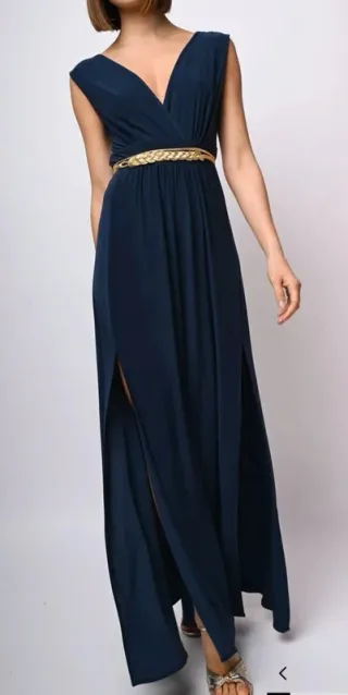 Vestito lungo Nunalie blu con cintura oro