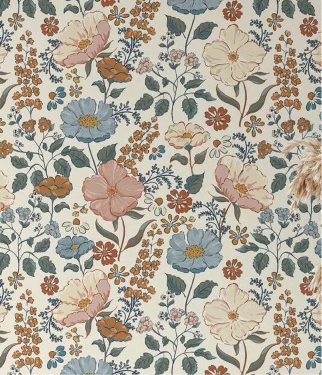 Rollo papel pintado floral beige y azul y rosa