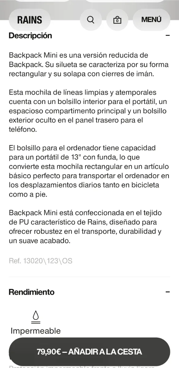 Mochila marca RAINS Impermeable Unisex