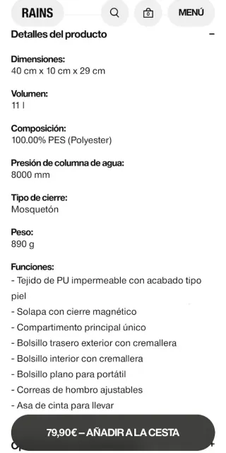 Mochila marca RAINS Impermeable Unisex