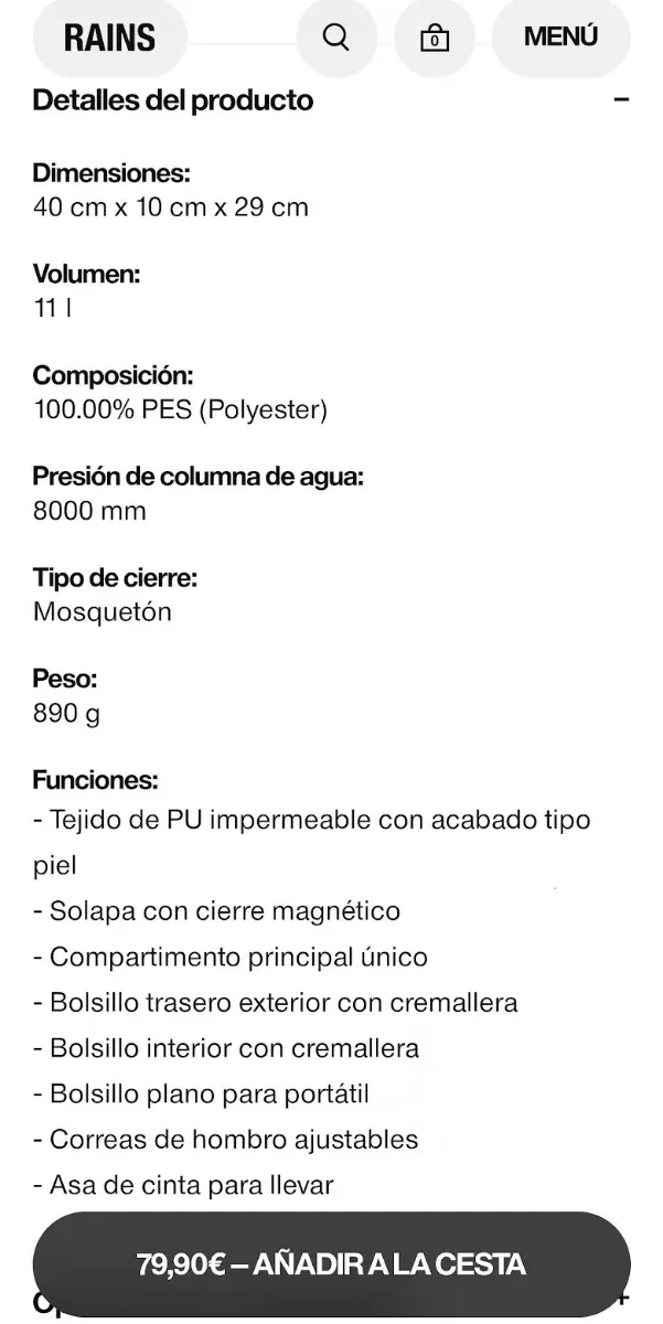 Mochila marca RAINS Impermeable Unisex