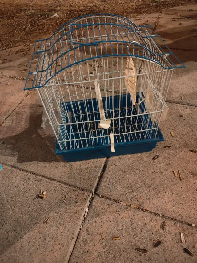 Jaula para pájaros azul y blanca