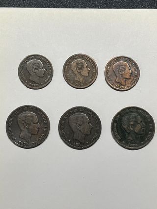 Lote 6 monedas Alfonso XII cobre 5 y 10 céntimos