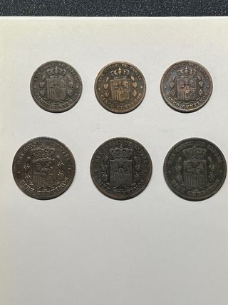 Lote 6 monedas Alfonso XII cobre 5 y 10 céntimos