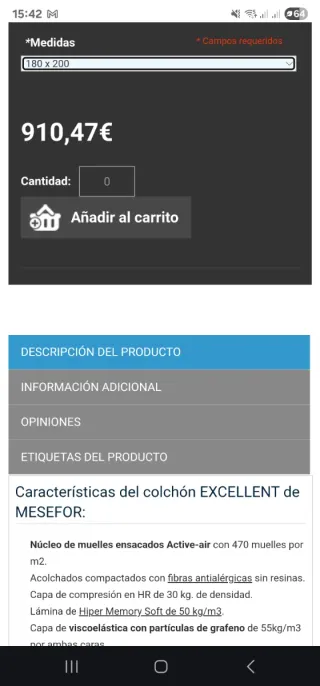 Colchón MeseforExcellent 180x200 cm nuevo