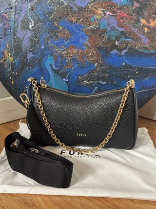 Bolso Furla Negro Piel Cadena Dorada