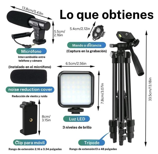 Kit Vlog Micrófono Luz LED Trípode Móvil