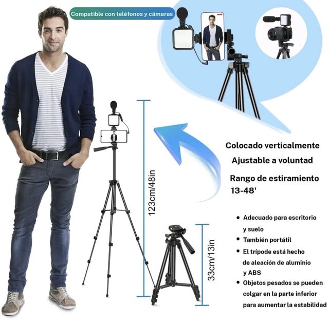Kit Vlog Micrófono Luz LED Trípode Móvil