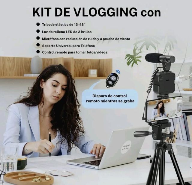 Kit Vlog Micrófono Luz LED Trípode Móvil