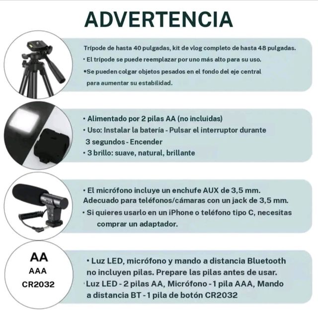 Kit Vlog Micrófono Luz LED Trípode Móvil