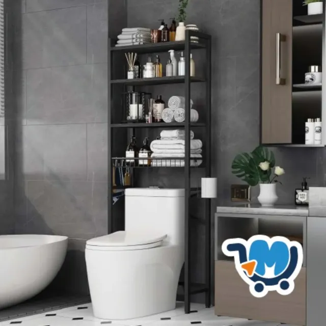 Estantería baño negra metal y madera