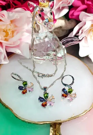 Conjunto Plata Ley Flor Multicolor