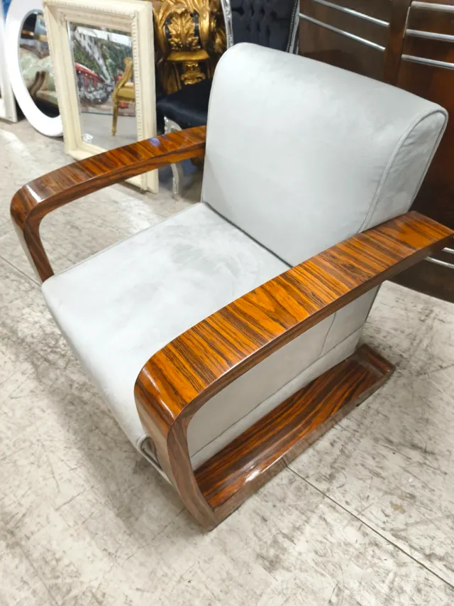 Poltrona in legno e pelle stile Art Déco