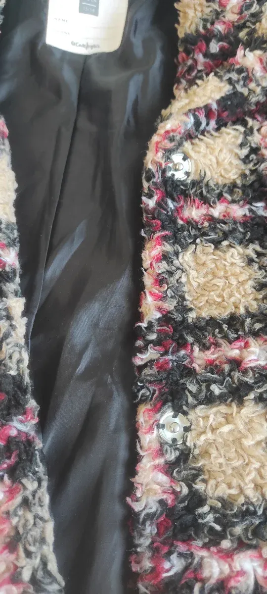 Abrigo pelo corto cuadros beige multicolor