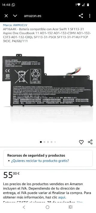 Batteria AP16A4K compatibile Acer Swift 1