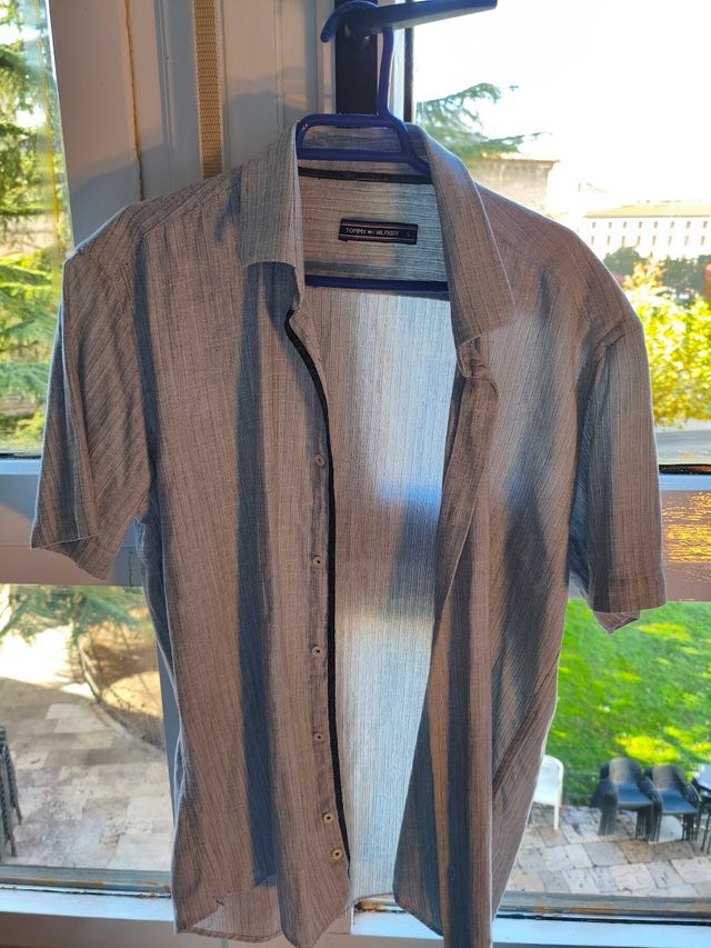 Camisa Tommy Hilfiger Gris Rayas Manga Corta Talla