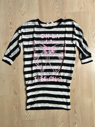Camiseta rayas manga 3/4 con estampado rosa