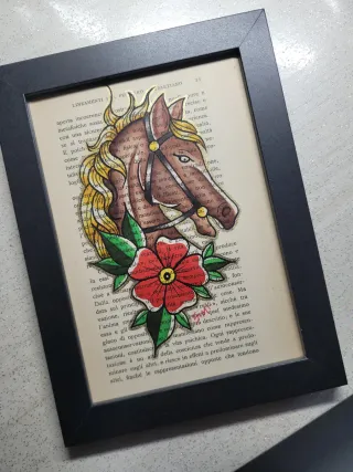 Quadro cavallo stile tattoo su libro