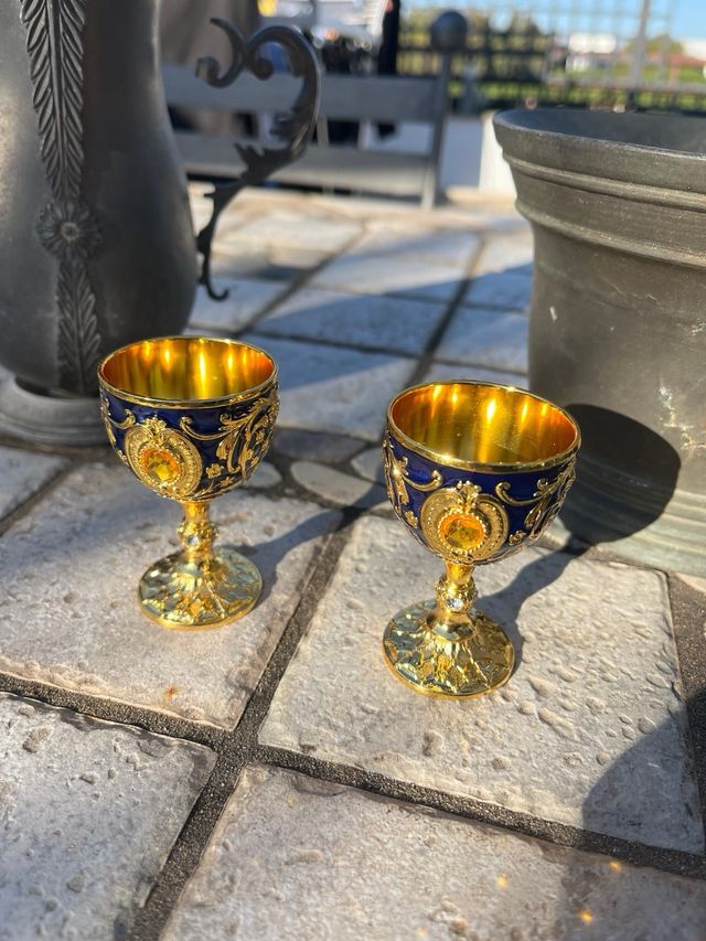 Calici x2 medievali - Metallo - Gemma blu/oro NEW