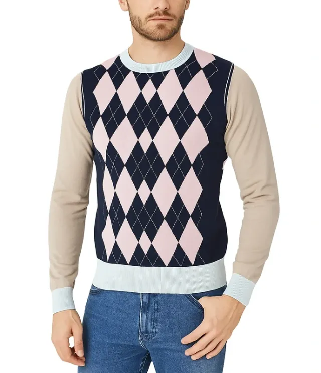 Maglione rombi blu rosa maniche beige