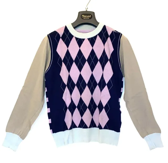 Maglione rombi blu rosa maniche beige