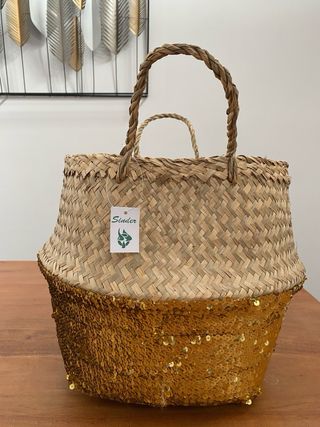 Cesta Mimbre Lentejuelas Doradas