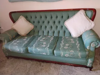 Sofá 3 plazas y 2 sillones madera y tela