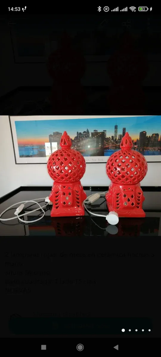 Pareja Lámparas Noche Cerámica Roja