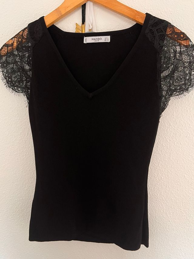 Mango Top Punto Manga Encaje Negro Talla S