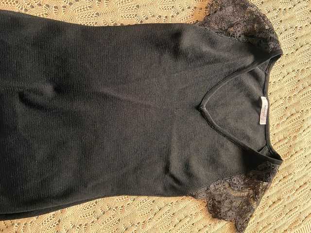 Mango Top Punto Manga Encaje Negro Talla S