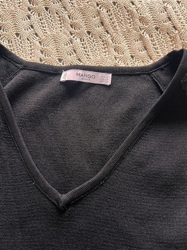 Mango Top Punto Manga Encaje Negro Talla S