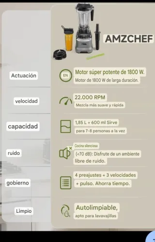 2 Batidora AMZCHEF 1800W 2en1, 1,85l+600ml