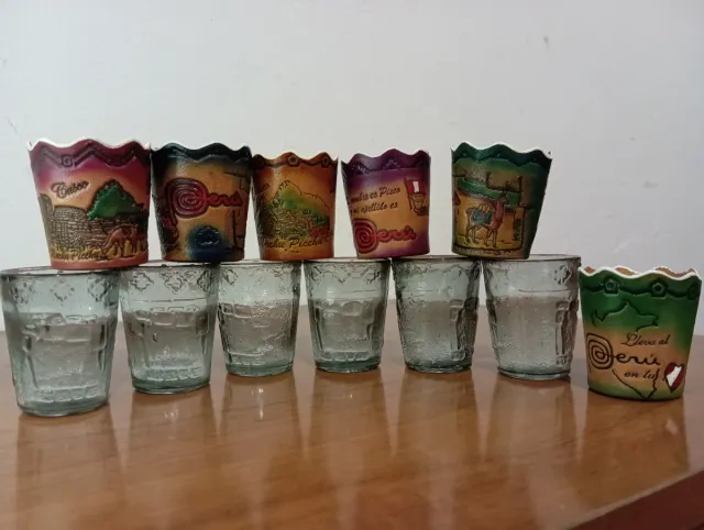 Juego 6 Vasos Chupito Peruanos Funda Cuero