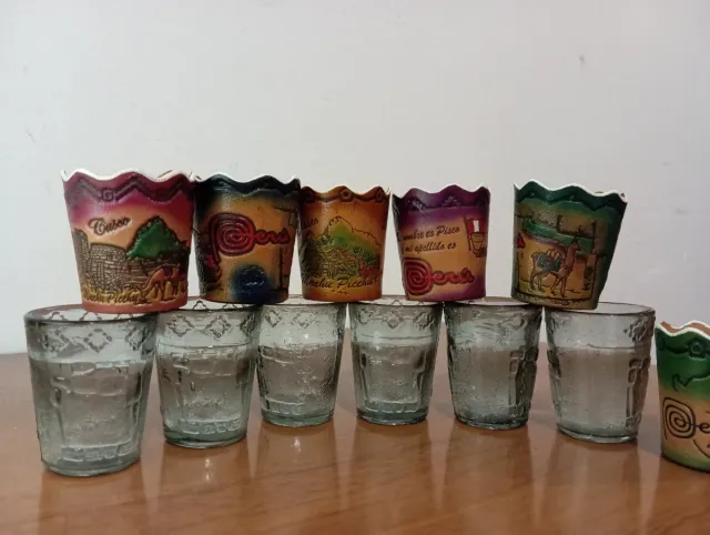 Juego 6 Vasos Chupito Peruanos Funda Cuero