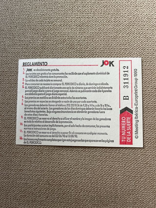Boleto Jok El Periódico 05/08 - 11/08 año 1990
